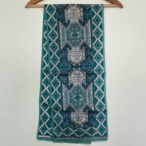 Halston III Vintage Silk Scarf Teal and White Geometric Silver Shimmer Boho